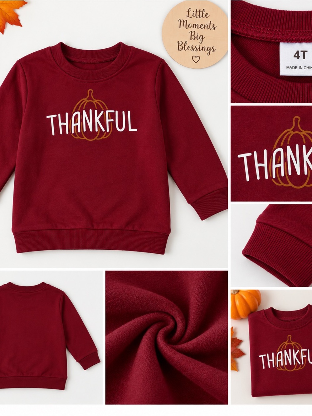 Kids 'Thankful' Crewneck Sweatshirt - Burgundy